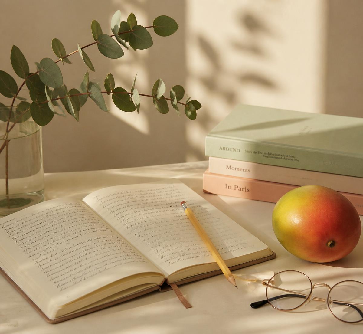 Handwritten journal with a mango, glasses and books in warm light